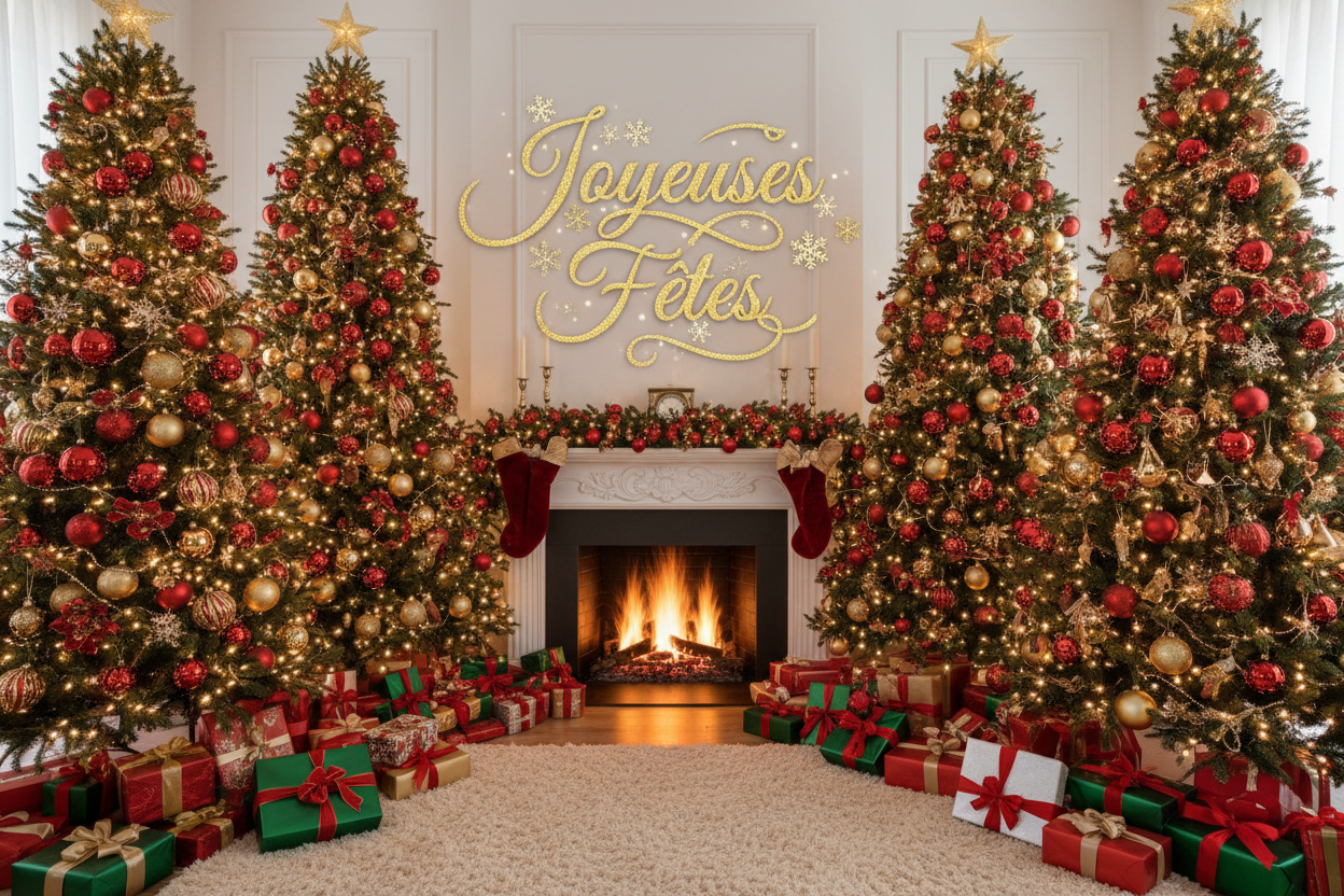 je souhaite une image de noel avec écrit joyeuse fete et des sapins de noel et des parures de noel 